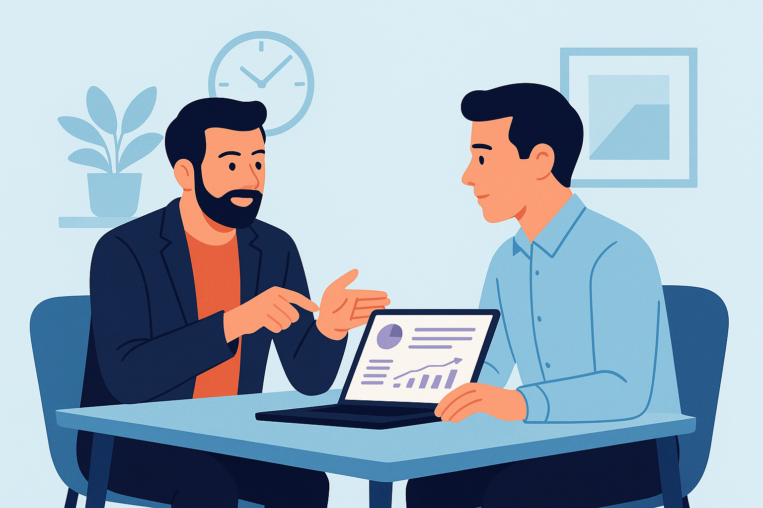 Coaching for iGaming Professionals: Why It Matters and How It Accelerates Your Career) Illustration of a coaching session with two professionals discussing strategy in the iGaming industry