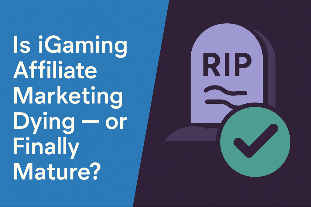 Is iGaming Affiliate Marketing Dying — or Finally Growing Up? Illustration showing the question “Is iGaming Affiliate Marketing Dying?” in a modern flat design.