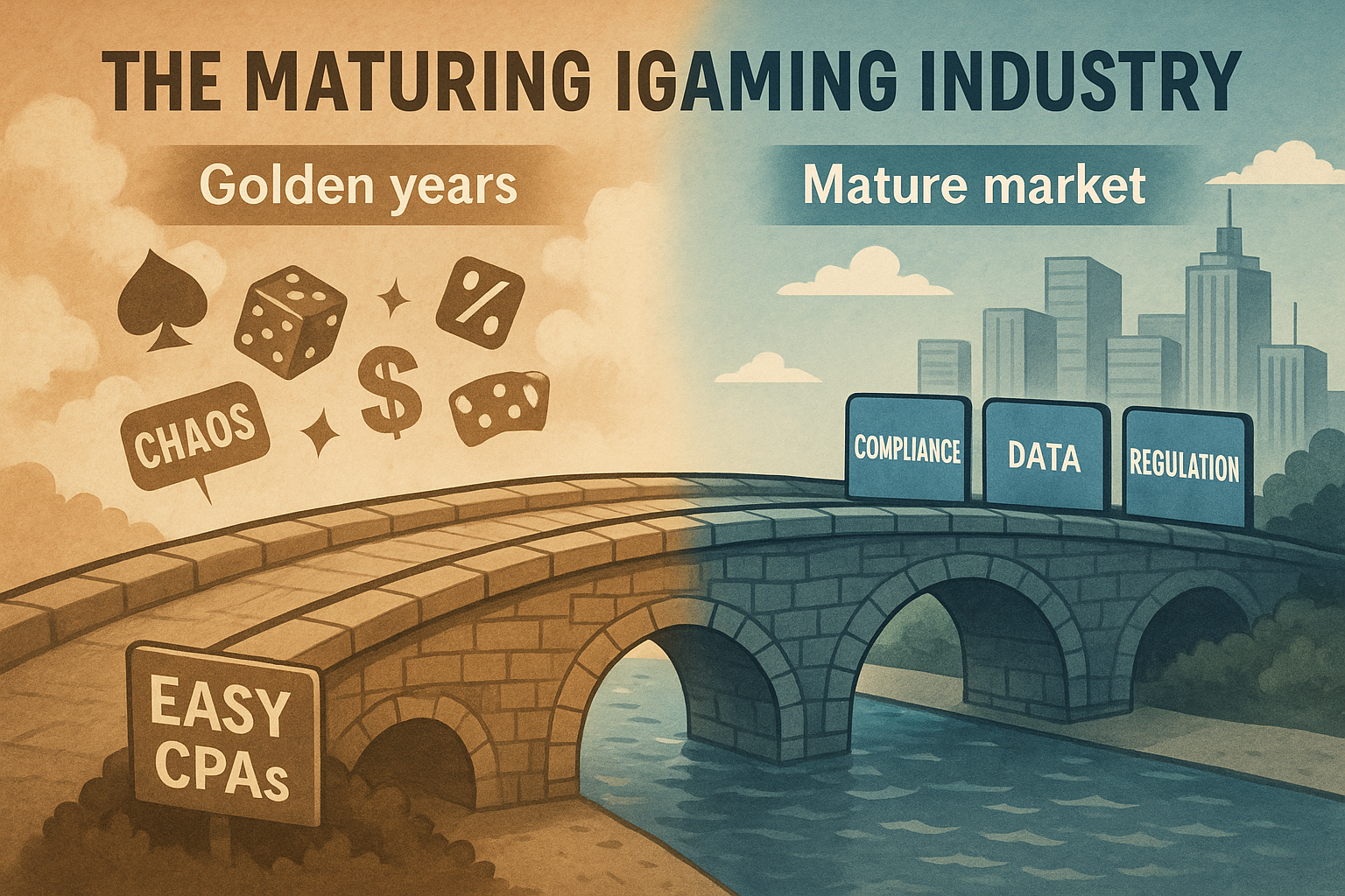 Is iGaming Affiliate Marketing Dying — or Finally Growing Up? Illustration showing the evolution of the iGaming industry from chaotic early days to a modern, data-driven, regulated environment.